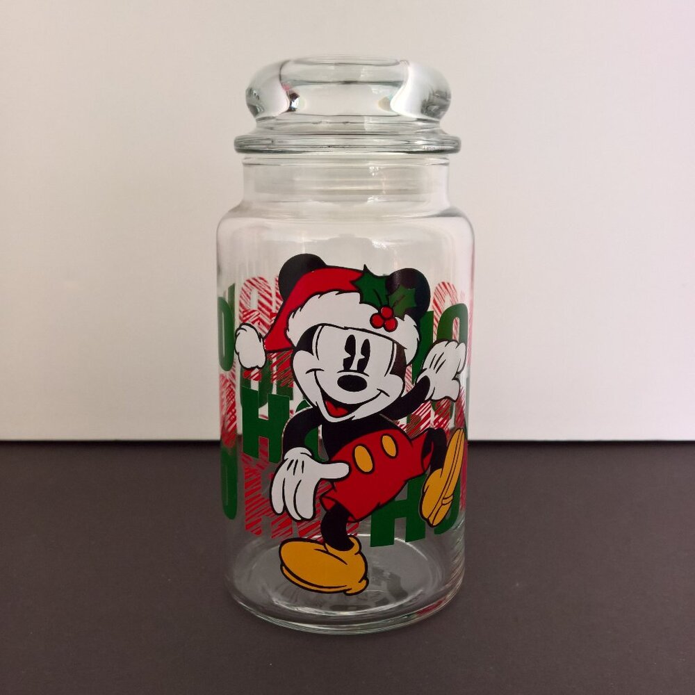 Disney Mickey Mouse Christmas Ho Ho Ho Candy Cookie Glass Jar